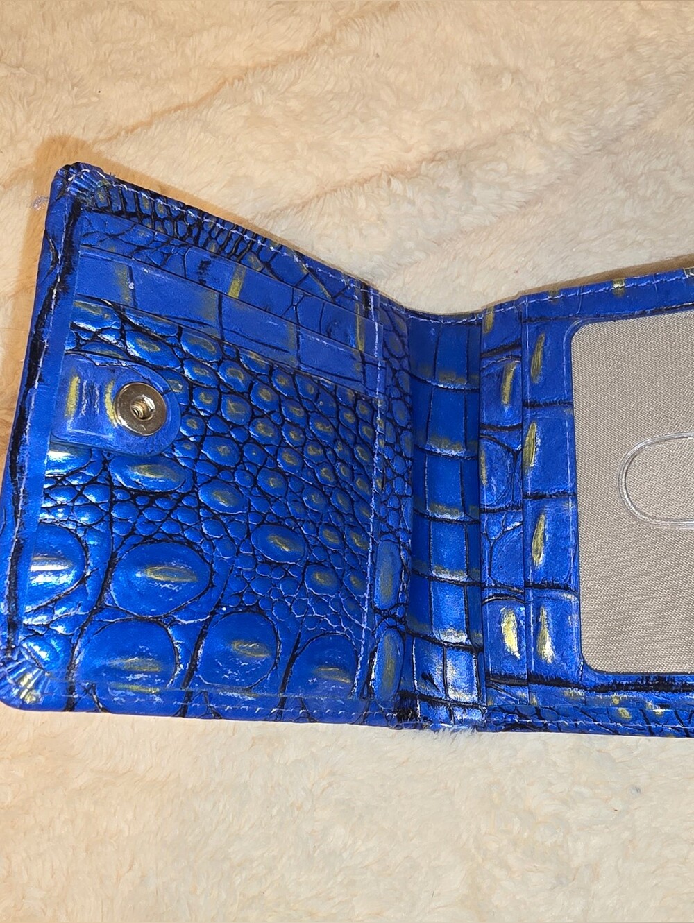 Brahmin Electric Blue Croc-Embossed Compact Wallet with Gold Accents - Picture 3 of 3